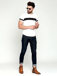 Stylish Cotton White Striped Round Neck Tees Short Sleeves For Men-thumb2