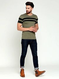 Stylish Cotton Green Striped Round Neck Tees Short Sleeves For Men-thumb2