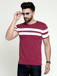 Stylish Cotton Maroon Striped Round Neck Tees Short Sleeves For Men-thumb1