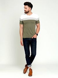 Elegant Green Cotton Colourblocked Round Neck Tees For Men-thumb2