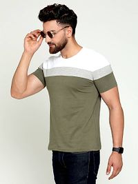 Elegant Green Cotton Colourblocked Round Neck Tees For Men-thumb1