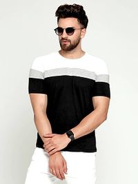 Elegant Black Cotton Colourblocked Round Neck Tees For Men-thumb2