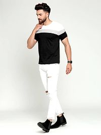 Elegant Black Cotton Colourblocked Round Neck Tees For Men-thumb3