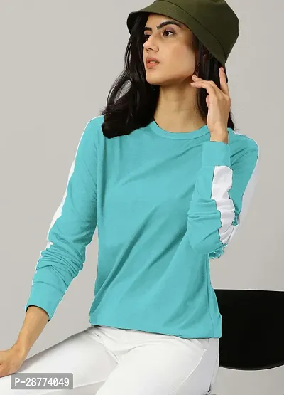 Elegant Turquoise Cotton Blend Colourblocked Tshirt For Women-thumb0