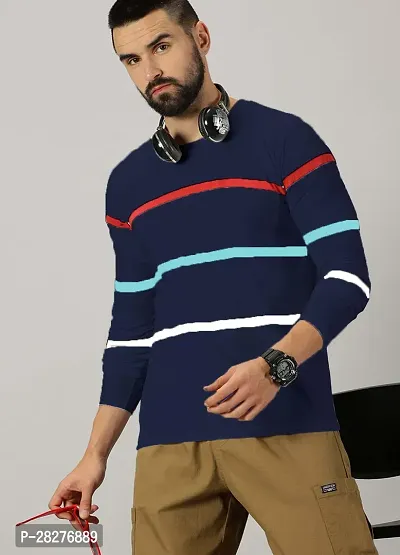 Stylish Navy Blue Cotton Blend Striped Round Neck Tees For Men