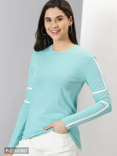 Elegant Turquoise Cotton Blend Striped T-Shirts For Women-thumb0