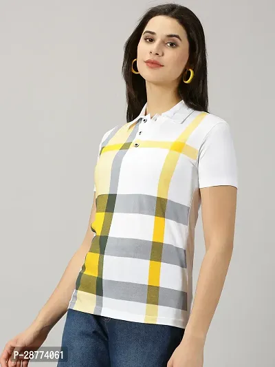 Elegant White Cotton Blend Checked Tshirt For Women-thumb2