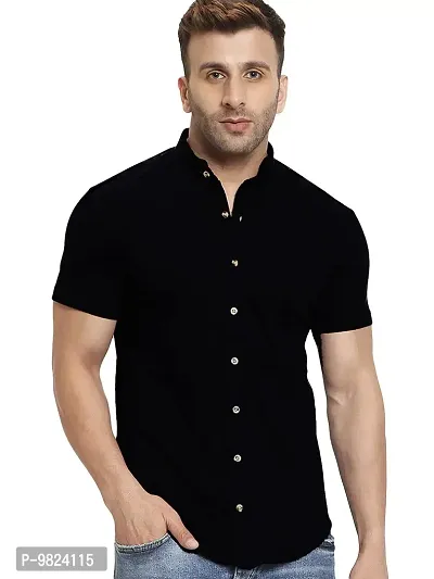 GESPO Men's Stylish Black Mandarin Collar Half Sleeve Casual Shirt