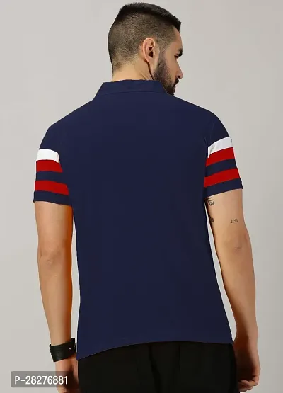 Stylish Cotton Blend Navy Blue Striped Polos Short Sleeves For Men-thumb2