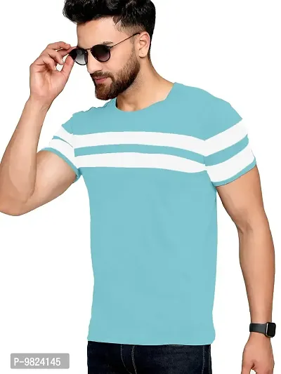 AUSK Men's Regular Round Neck Half Sleeves T-Shirts (Color:Sky Blue & White-Size:Small)