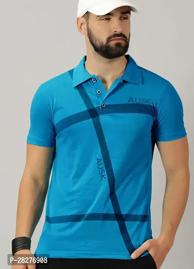 Stylish Sea Blue Cotton Blend Printed Polos For Men
