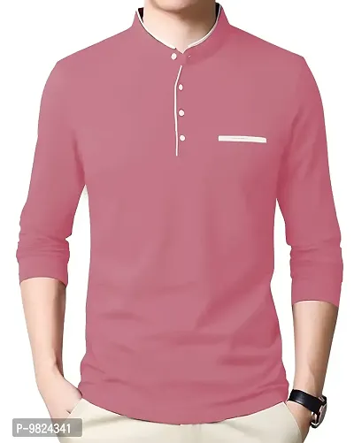 AUSK Men's Henley Neck Full Sleeves Regular Fit Cotton T-Shirts (Color-Peach_Size-S)