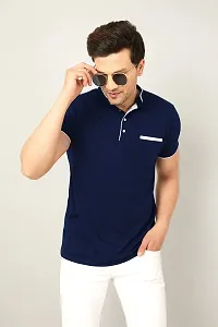 Stylish Cotton Navy Blue Solid Round Neck Tees Short Sleeves For Men-thumb3