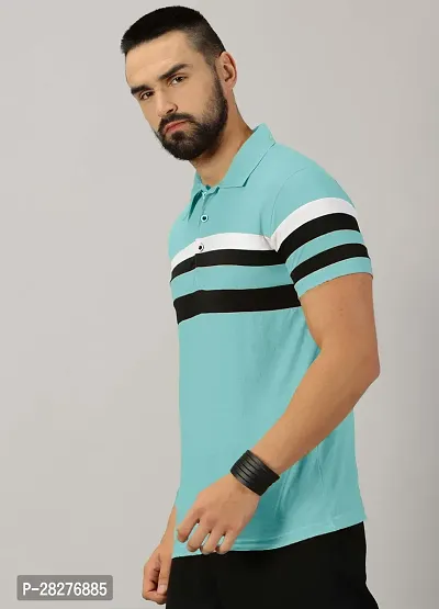 Stylish Aqua Blue Cotton Blend Striped Polos For Men-thumb5