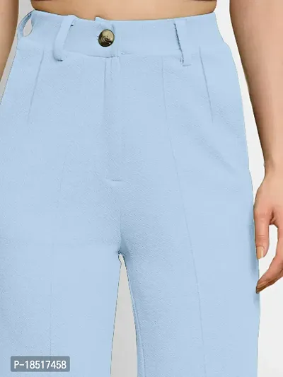 Elegant Sky Blue Polyester Blend Solid Trousers For Women-thumb4