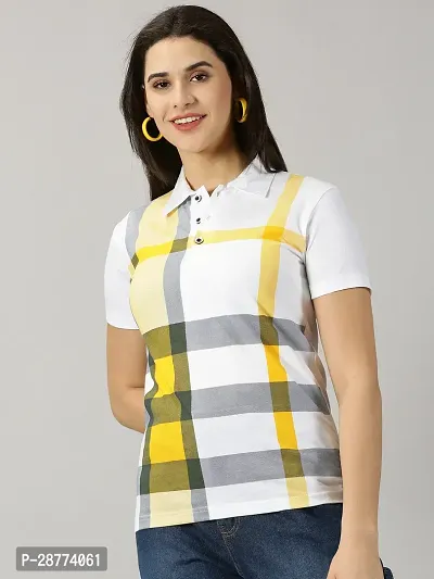 Elegant White Cotton Blend Checked Tshirt For Women-thumb5