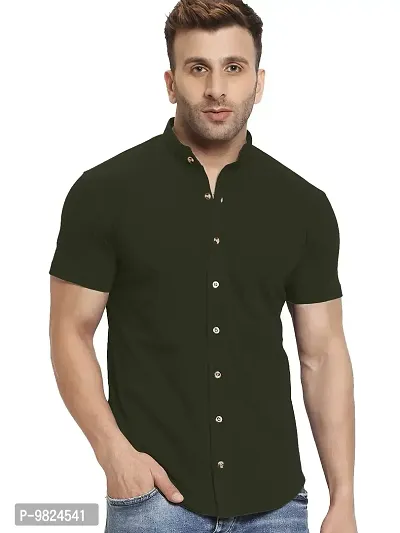 GESPO Men's Shirts Half Sleeves Mandarin Collar(Green-Large)