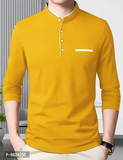 Stylish Cotton Yellow Solid Round Neck Tees Long Sleeves For Men-thumb3