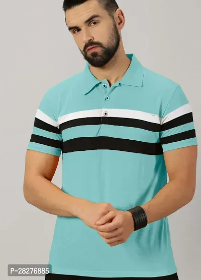 Stylish Aqua Blue Cotton Blend Striped Polos For Men-thumb0