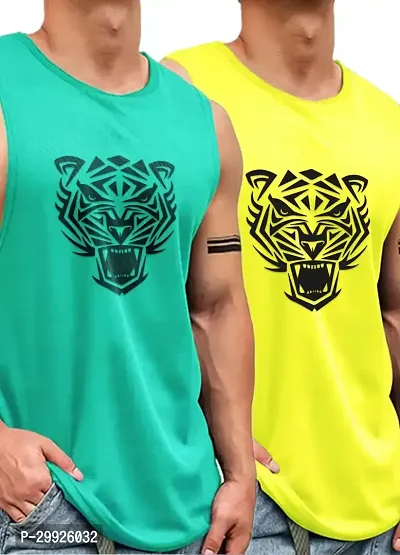 Stylish Multicoloured Polyester Printed Sleeveless Gym Vest For Men-Pack Of 2-thumb0