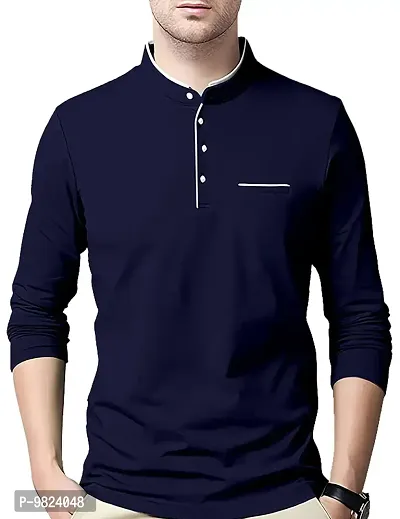 AUSK Men's Cotton Henley Neck Full Sleeve Solid Regular Fit T-Shirt (Small; Navy)