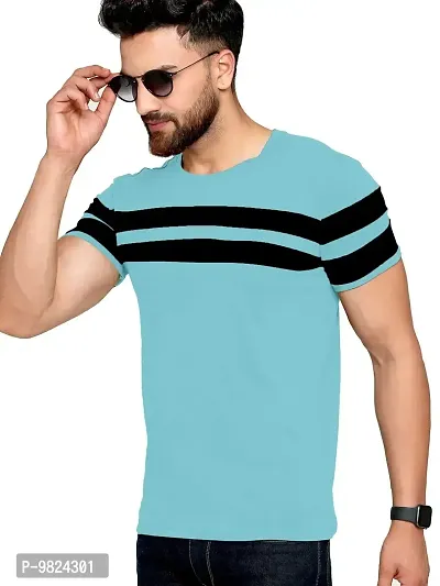 AUSK Men's Regular Round Neck Half Sleeves T-Shirts (Color:Aqua Blue & Black-Size:Small)