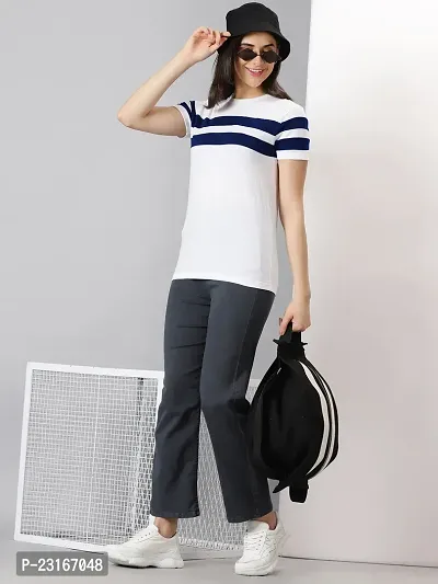 Elegant White Cotton Blend Striped T-Shirts For Women-thumb5