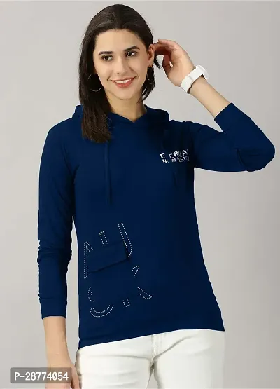 Elegant Navy Blue Cotton Blend Typography Tshirt For Women