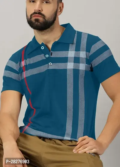 Stylish Cotton Blend Blue Printed Polos Short Sleeves For Men