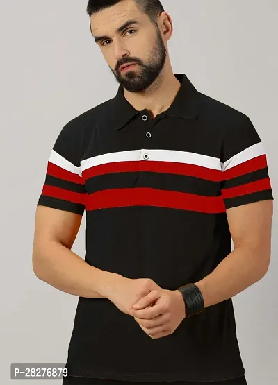 Stylish Black Cotton Blend Striped Polos For Men