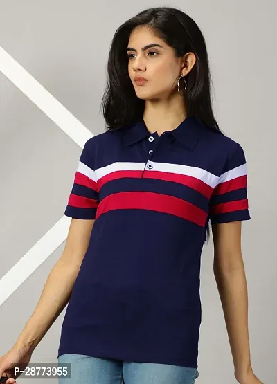 Elegant Navy Blue Cotton Blend Colourblocked Tshirt For Women