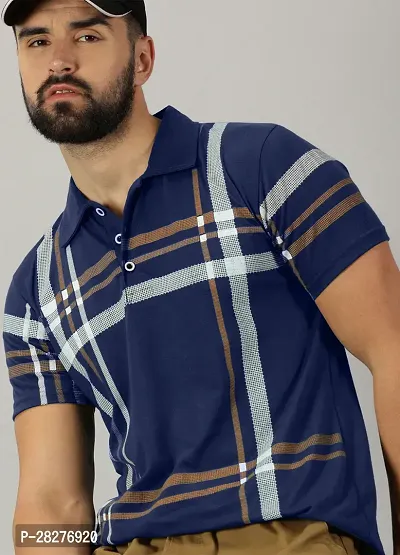 Stylish Cotton Blend Navy Blue Printed Polos Short Sleeves For Men-thumb0