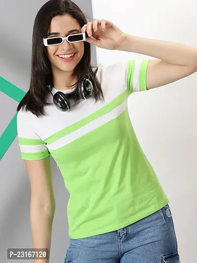 Elegant Green Cotton Blend Striped T-Shirts For Women