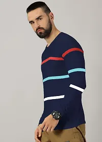 Stylish Navy Blue Cotton Blend Striped Round Neck Tees For Men-thumb3