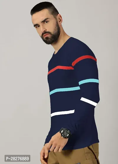 Stylish Navy Blue Cotton Blend Striped Round Neck Tees For Men-thumb4