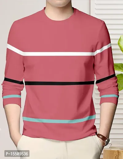 Stylish Cotton Blend Pink Colourblocked Round Neck Tees Long Sleeves For Men