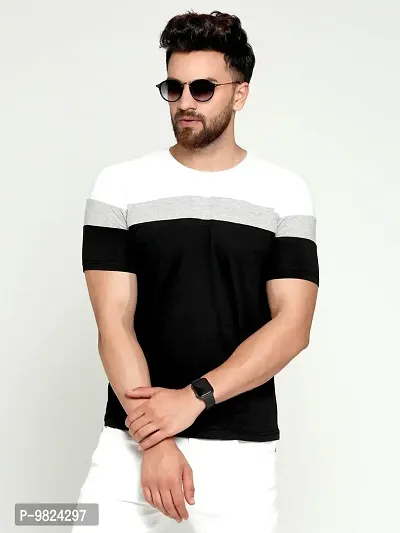 AUSK Men's Cotton Half Sleeve Round Neck Color Block Tshirt (Black-White-Grey, Large)-thumb2