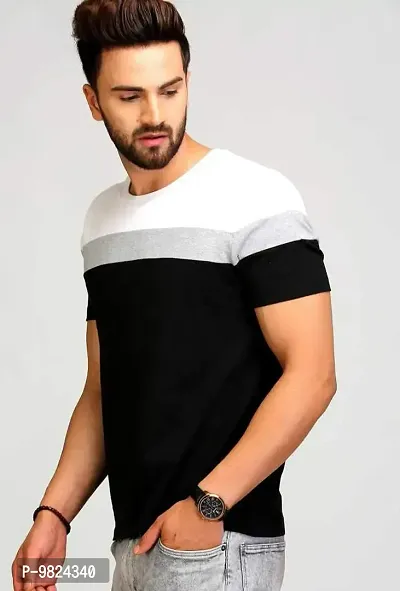 AUSK Men's Cotton Half Sleeve Round Neck Color Block Tshirt (Black-White-Grey, X- Large)