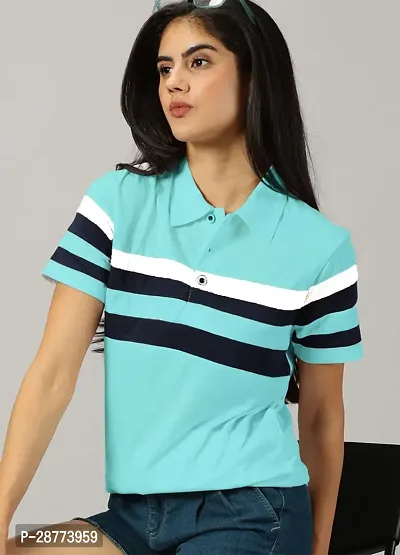 Elegant Turquoise Cotton Blend Colourblocked Tshirt For Women