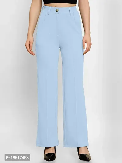 Elegant Sky Blue Polyester Blend Solid Trousers For Women