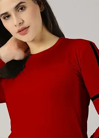 Elegant Red Cotton Blend Colourblocked Tshirt For Women-thumb1