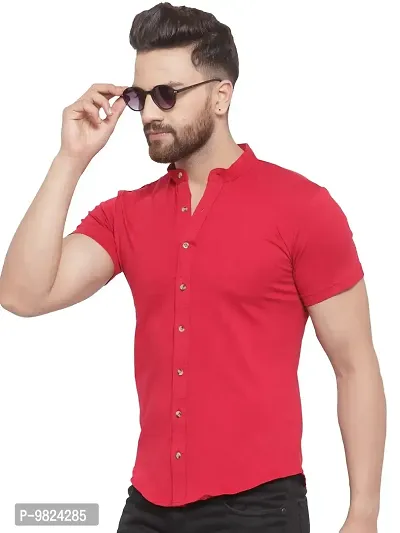 GESPO Men's Red Mandarin Collar Half Sleeve Casual Shirt