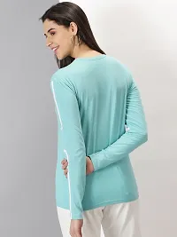 Elegant Turquoise Cotton Blend Striped T-Shirts For Women-thumb1