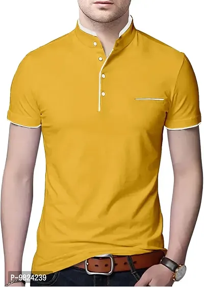 AUSK Men's Cotton Henley Neck Half Sleeve Solid Regular Fit T-Shirt (Large; Yellow)-thumb0