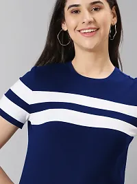 Elegant Navy Blue Cotton Blend Striped T-Shirts For Women-thumb2