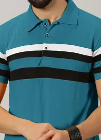 Stylish Teal Cotton Blend Striped Polos For Men-thumb2