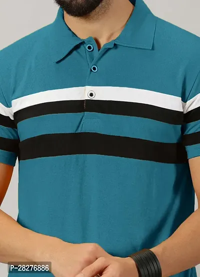 Stylish Teal Cotton Blend Striped Polos For Men-thumb3