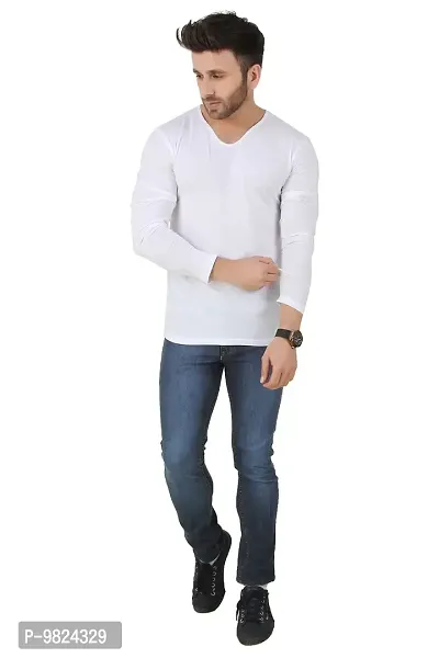 GESPO Latest Stylish Men's White Solids Regular Fit Cotton Round Neck Long Sleeves T Shirt-thumb4