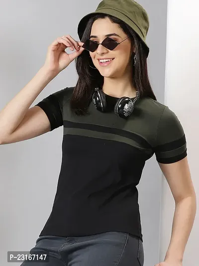 Elegant Black Cotton Blend Striped T-Shirts For Women-thumb0