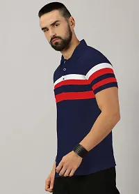 Stylish Cotton Blend Navy Blue Striped Polos Short Sleeves For Men-thumb3